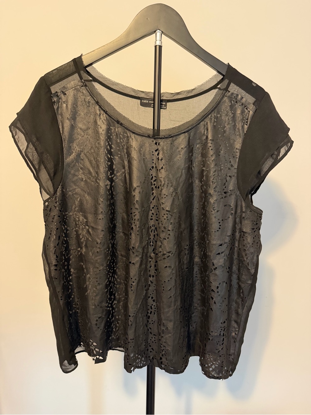 Zara Black Short-Sleeve Laser-Cut Overlay Top